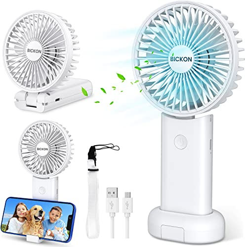 BICKON Mini Ventilateur de Bureau à Main Portable,3600mAh USB Rechargeable avec 3 Vitesses,Ventilateur de Poche avec base,Pliable et Silencieux, pour Bureau Voyage Camping,Blanc