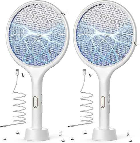 YISSVIC Elektrische Fliegenklatsche extra stark 4000V 2 in 1 USB C mit Akku Aufladbar Elektro Mückenklatsche mit UV Lichtfalle Weiß 2 Pack