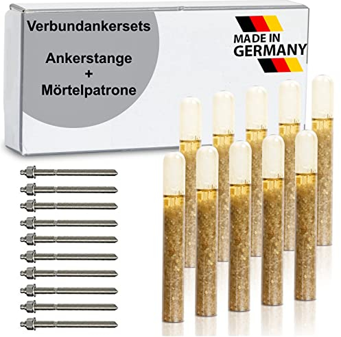 dubaust Sets Schwerlast Klebeanker Verbundanker Ankerstange + Mörtelpatrone Stahl Verzinkt/Edelstahl A4 / Feuerverzinkt M8 - M30 (Stahl Galvanisch Verzinkt, 10x M12 x 220 mm)