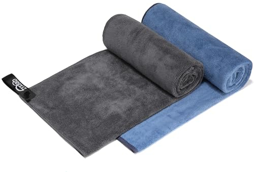 ZYXBBD Fitness Handtuch I Sporthandtuch Fitnessstudio 80 x 40 cm - 2er rutschfest Gym Handtuch mit Fixierung und Reißverschluss Tasche I Mikrofaser Handtuch XL (Grey+Indigo)