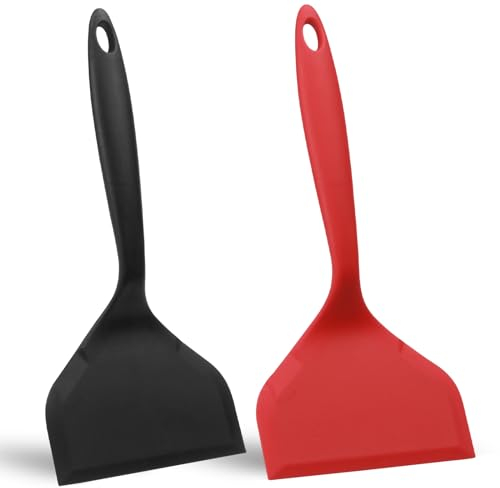 2 Pezzi Paletta Spatola Silicone Cucina Resistente al Calore, 25.5x12cm Spatola Antiaderente in Silicone, Spatole Silicone Per Cucinare e Cuocere Pancake, Uova, Pizza, Hamburger (Rosso, Nero)