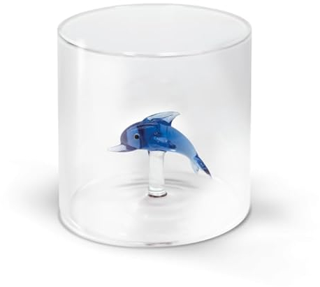 WD Lifestyle - Bicchiere in Vetro Borosilicato 250ml con Soggetto in Vetro Colorato Interno (Delfino)