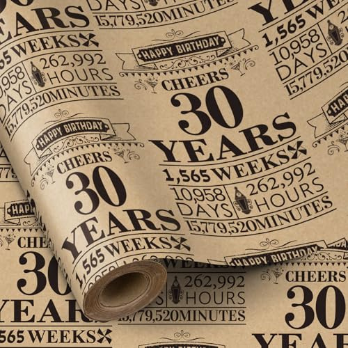 RUSPEPA Rollo de papel de regalo de cumpleañospapel de regalo kraft con diseño de 30 años en negro, ideal para cumpleaños, fiestas, vacaciones, 43,2 cm x 5 m, regalos de 30 cumpleaños para hombres