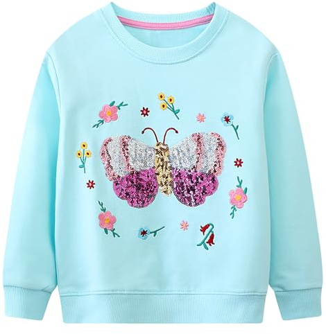 FILOWA Felpa per Bambina, Ragazza Farfalla Paillettes Pullover Fiore Ricami Maglione Cotone Girocollo Moda Manica Lunga Maglietta Casual Top, Bambine e Ragazze Senza Cappuccio Felpe Bimba 5-6 Anni,Blu