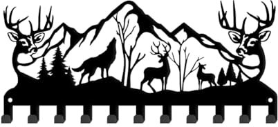 SUPERDANT Porte Clef Mural en Métal en Forme de Cerf Décoration de Montagne 11 crochet Porte Clé Mural de Clés en Forme de Cerf Support Mural Crochets Porte Clés Personnalisé Porte Laisse pour Chien