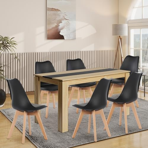 FURNITABLE Esstisch mit 6 Stühlen Esszimmergruppe, 6er Set Esszimmerstühle und 140CM Rechteckig Holztisch Essgruppe für Wohnzimmer Küche Büro (Eiche-Schwarz Tisch+6 Schwarz Stühle)