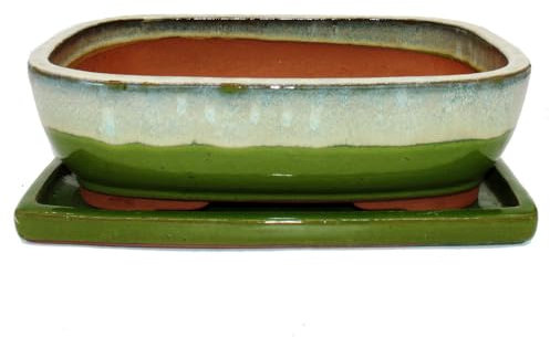 exotenherz Bonsai-Schale mit Unterteller Gr. 6 - Grün-Beige - rechteckig - Modell GB5 - L 37cm - B 28cm - H 10cm