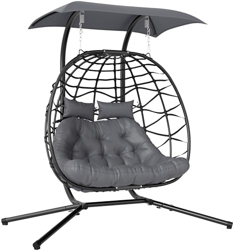 Outsunny Chaise Œuf Suspendue Double Baldaquin,Coussins,Appuie-tête,Noir | Chaise balançoire œuf en osier pliable avec support en acier, intérieur/extérieur, capacité 260 kg