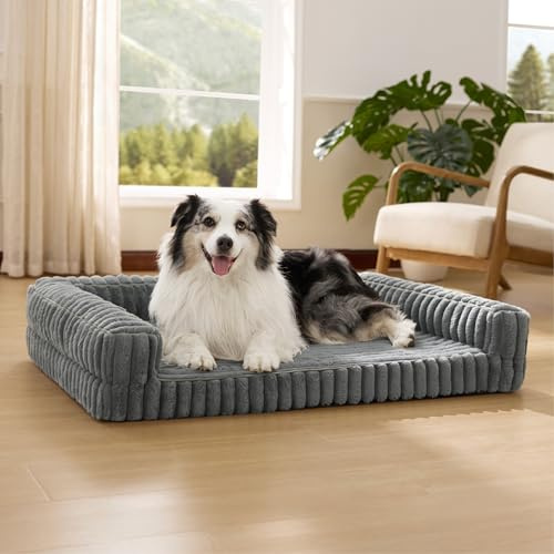 Bedsure Orthopedic Dog Beds Large - 106x76x18cm Memory Foam Dog Sofa | Waterproof Egg-Crate Foam Pet Couch Sofa with Sides, Washable Removable Corduroy Cover and Non-Slip Bottom, grey