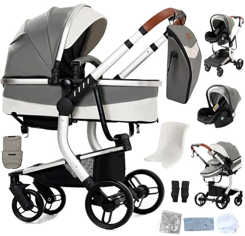 Reenborn Barnvagn, 3 i 1-buggy med hopfällbar design med ett klick, barnvagn med två vändbara skjutlägen, kombibarnvagn, komplett set med ram i aluminiumlegering (B518 grå)