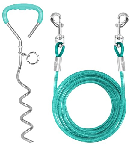 Cable de amarre y estaca para perros, cable de amarre resistente de 3 m con estacas en espiral, correa de plomo para perros pequeños y medianos (azul)