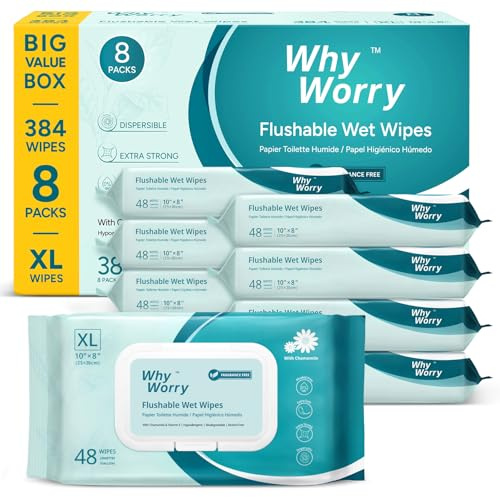 WhyWorry Fuktigt Toalettpapper för Vuxna, 20x25cm Extra Stora Spolbara Våtservetter, Vått Toalettpapper med Kamomill, 100% Växtbaserad, Biologiskt Nedbrytbar, Plastfri, Parfymfri, 384 Toalettservetter