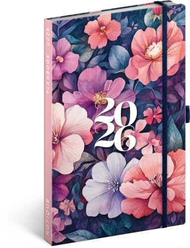 NOTIQUE Möteskalender 2026 ca A5-2-i-1 kalender och anteckningsbok, inbunden veckoplanerare med gummibandstängning, 144 sidor möteskalender, bokkalender, planbok (bukett)
