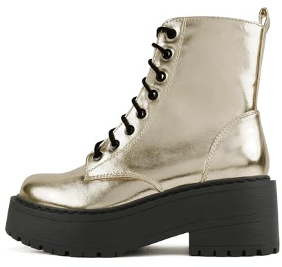 Soda FLING Women Chunky Lug Sole Lace up Fashion Combat Ankle Boot w/Side Zipper (Gold Metallic Pu, 12)