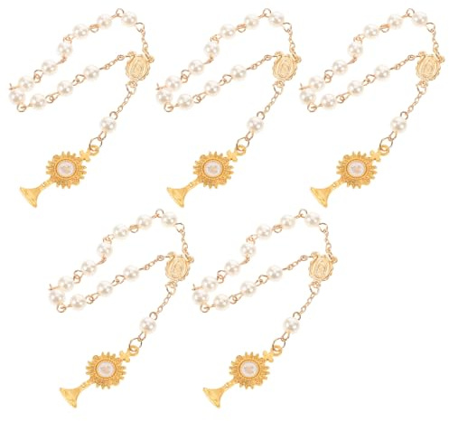 Healvian 5 St Katolska Doparmband i Pärlor med Kors Bägarmotiv Religiösa Bönepärlor för Flickor och Pojkar Perfekta Dopgåva eller Shower-souvenirer Dekorativa Armband för Religiösa