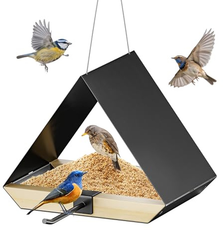 FANHAO Mangeoire à Oiseaux Toit Métal - Résistante à Suspendre Extérieur, Maillage Ventilé, Facile à Nettoyer, Cadeau Observation Oiseaux Déco Jardin pour Cardinaux, Oiseaux Bleus et Sauvages, Noir