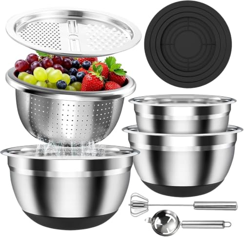 OIENNI Stainless Steel Mixing Bowls Set with Lids & Silicone Base, 7 Piece Nesting Bowls (1.5/2.5/5 QT) with Colander, Grater, Egg Separator & Whisk, Ideal for Mixing, Food Prep and Serving