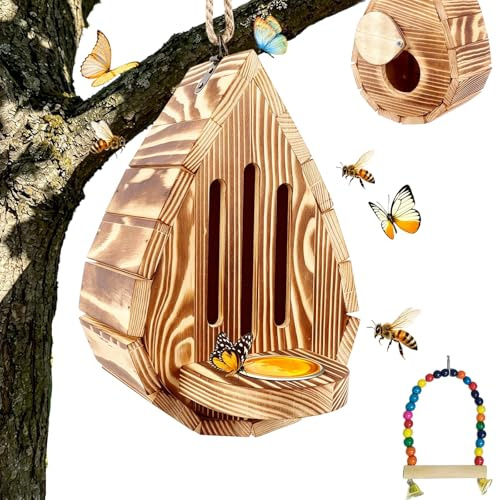 Casa de mariposas para jardín, hábitat y comedero de mariposas de madera en forma de lágrima, hábitat de mariposa colgante y comedero con cuerda, para decoración de jardín, hotel (1 unidad)