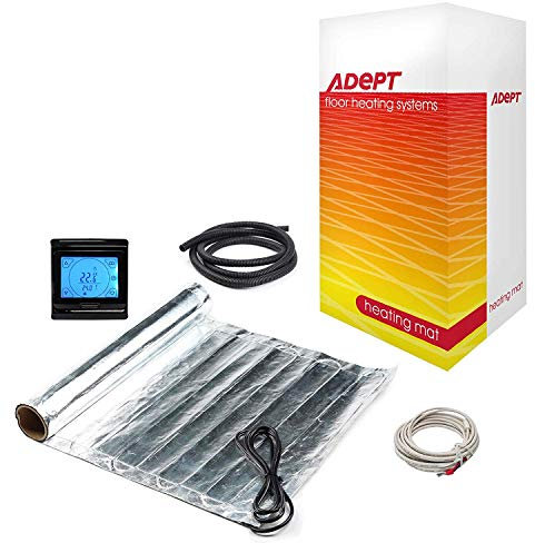 Adept Electric Underfloor Heating Mat Kit - 140W/m2, Fibreglass & Aluminium, Perfect for Laminate/Engineered Wood Flooring, 6m2 with Black Touchscreen Programmable Thermostat