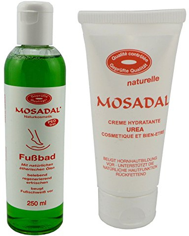 Mosadal Fußbad 250ml Fußschweiß vorbeugend belebt-regeneriert und Creme Hydratante Urea 100ml - Geprüfter Hornhautentferner für die Fußpflege