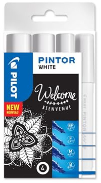 PILOT - Pochette de 4 Pintor - Marqueurs Peinture Multi-Surfaces à Base d’Eau, Séchage Rapide - Textile, Verre, Bois, Pierre, DIY - Blanc - Pointe Extra Fine, Fine, Moyenne et Large
