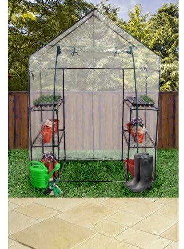 Garden Mile 6ft Walk-in Small Greenhouse with Shelves, Outdoor Green House Grow House with Waterproof PE Cover, Heavy Duty Shelving and Roll-up Door