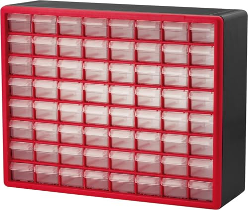 Akro-Mils 64-Drawer Plastic Storage Cabinet, 20 W x 6 D x 16 H, Red