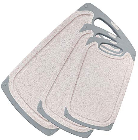 KIMIUP Chopping Board Set, 3 Chopping Board Plastic with Non-Slip Feet and Juice Grooves, BPA Free, Easy Grip Handle, Dishwasher Safe Cutting Boards