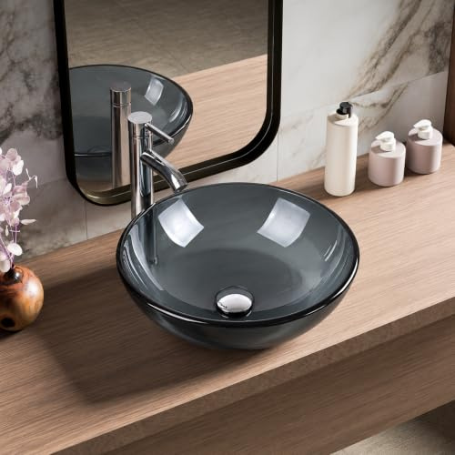 BELOFAY Bathroom Sink – 12mm Thick Tempered Glass Countertop Basin (Black) | Sink Basin with Mounting Ring, 12mm thick Tempered Glass, Wash basin for Bathroom Vanity or Ensuite, 42D x 42W x 14H cm