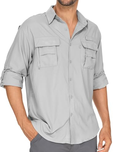 Men’s Long Sleeve Shirts UV UPF 50 Sun Protection Hiking Fishing Safari Shirt Quick Dry Cool Utility Blouse (5052 Light Grey 3XL)