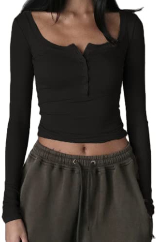 KMBANGI Camisa corta sexy delgada de manga larga cuello redondo camisetas ajustadas Top de punto recortada blusa retro Streetwear, D Button Black, Small