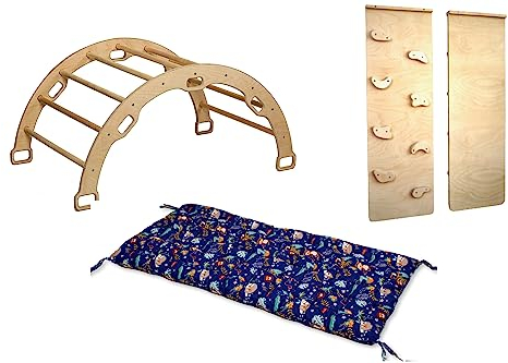 Montessori Kletterbogen | Bogen mit zweiseitiger Felswandrampe & Kissen | Hölzerner Kletterbogen & Kletterwand für Kinder | Kletterbogen Set mit Rampe und Kissen (Jungle)