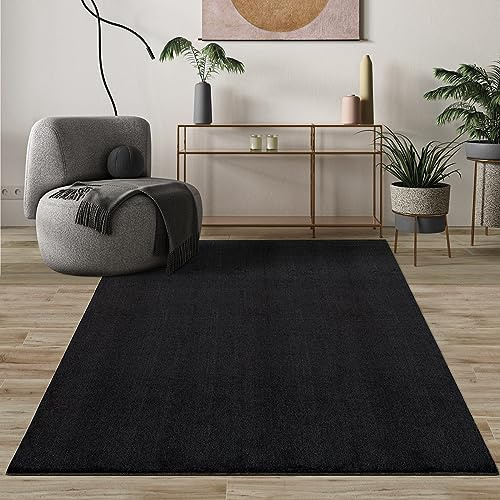 Mia's Teppiche Comfort Tappeto moderno a pelo corto, lato inferiore antiscivolo, lavabile fino a 30 gradi, morbidissimo, effetto pelliccia, Nero, 60 x 110 cm