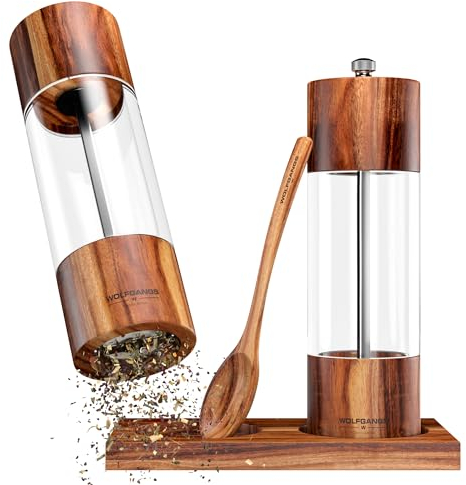 Wolfgangs Salz und Pfeffermühle Klein aus Holz - Edles Gewürzmühlen Set mit Keramikmahlwerk für jede Mahlgröße - Pfeffer und Salzmühle Holz - Pfeffer Mühle mit Extra Untersetzer + Löffel