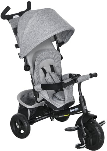 HOMCOM 6 in 1 Trike, Kids Tricycle, Pedal Push Bike w/Push Handle, Removable Canopy, 5-point Safety Belt, Storage, Cushion, Footrest, Brake, for 1-5 Years Toddler, Grey