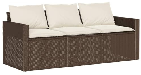 vidaXL Outdoor Sofa-3-Seater Brown Poly Rattan Couch with Cream White Cushions for Garden, Patio, Deck, Weather- and Easy Clean