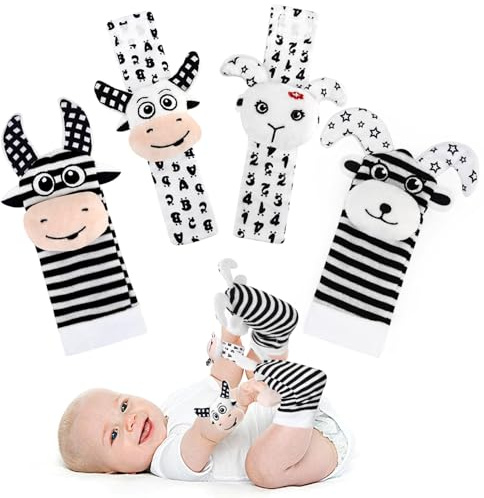 JoyPlus Sonajero Calcetines y Muñequeras Blanco y Negro para Bebé, Sonajeros de Muñeca Bebe Sonajero de Pies y Manos Juguetes, Sonajero para Recién Nacidos con Buscador de Muñeca para 0-12 Meses Bebé