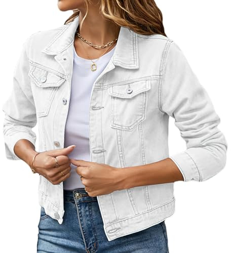Momuk Denim Jacket for Women Button Up Solid Vintage Color Basic Long Sleeve Boyfriend Denim Jacket Coat(White S)