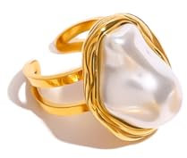 fdsmall Perlenring für Damen, großer Cocktailring mit Statement, verstellbar, offen, geeignet für Hochzeit, Geburtstag und Valentinstag