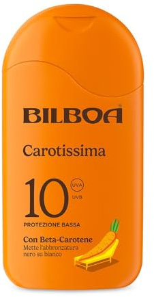 Bilboa Carotissima, Latte Solare SPF 10, Abbronzante Corpo, Formula con Betacarotene, Mette l'Abbronzatura Nero su Bianco, Resistente all'Acqua, Dermatologicamente Testato, 200 ml