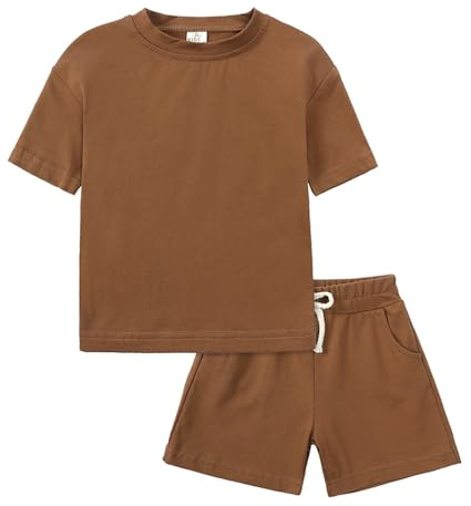 Completi Estivi Neonato Bambino e Bambina Due Pezzi in Cotone Maglietta a Maniche Corte e Pantaloncini Elastici in Vita Tuta Tinta Unita Completo Casual Abbigliamento per Bambini (08-Brown, 4-5 Years)