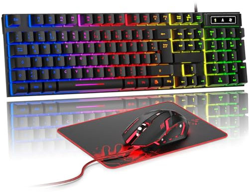 Rewurnth Gaming Tastatur und Maus Set, QWERTZ DE Layout, RGB Hintergrundbeleuchtete Kabelgebundene Tastatur, Ergonomische 4 Farbige LED Gaming Maus, Großes Mauspad, USB Plug & Play für PC PS4 Xbox