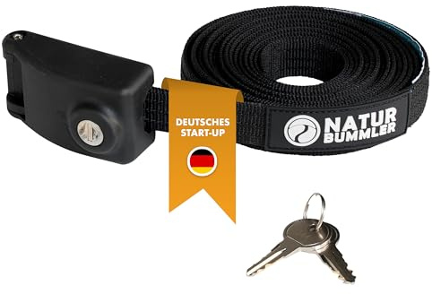 Naturbummler Cinghia di fissaggio con serratura [4 m] – Cinghia di fissaggio sicura con corda in acciaio integrata, serratura e chiave – Robusto nastro di fissaggio per box da tetto, tenda da tetto