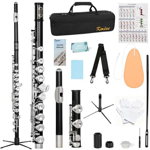 Kmise Closed Hole C Flute, Responsive Flute Instrument, Premium and Durable Flutes with Gig Bag, Collapsible Stand, Beginner's Guide, Cleaning Kit - Effortless for Beginners, Students (Matte Black)