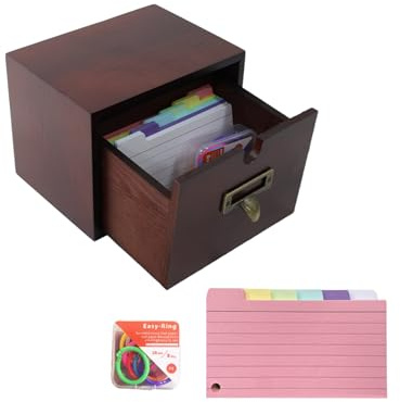 ZoeQide Caja de madera para tarjetas – con índice de colores y 8 anillas, caja versátil para aprendizaje, organización y oficina