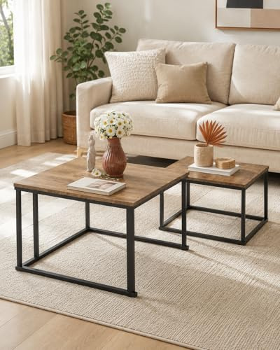 Amveya Mesa de Centro Madera Cuadrada Nido Set de 2 Mesas Auxiliares Salón Mesa Centro Pequeña Mesita de Centro Efecto Roble Negro con Marco Metálico para Salón Dormitorio Oficina