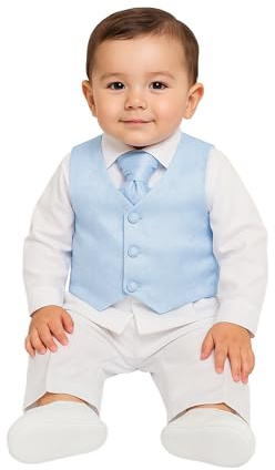Baby Boys 4 Piece White Christening Suit with Blue Waistcoat, Formal Set Age 6-9 Months