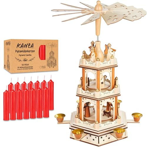BRUBAKER Weihnachtspyramide inkl. 50er Pack Pyramidenkerzen Rot - Holzpyramide mit 3 Etagen & Holz Figuren Handbemalt - 45 cm Pyramide Weihnachten - Drehbare Tischpyramide - Natur