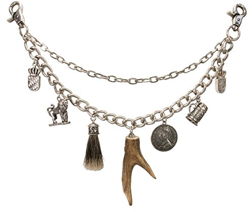 Charivari Herren mit echtem Hirschhorn - massive Trachtenkette mit Trophäen-Anhängern Münze, Wappen, Schariwari für die Lederhose zum Oktoberfest, Trachtenschmuck (antik-silber-farben)