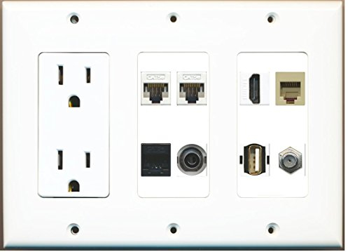 RiteAV - (3 Gang) 15A Outlet HDMI Coax 2 Cat5e + 1 Black 3.5mm Phone USB Wall Plate